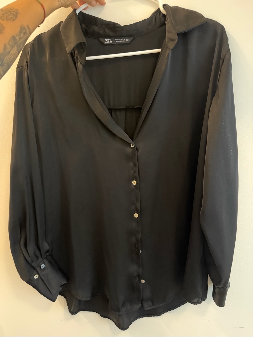 ZARA Black Satin Button-Down Blouse
